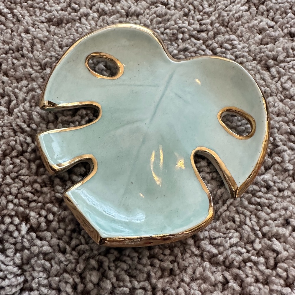 Handmade Ceramic Monstera Leaf Trinket Dish Mint Green Gold Trim